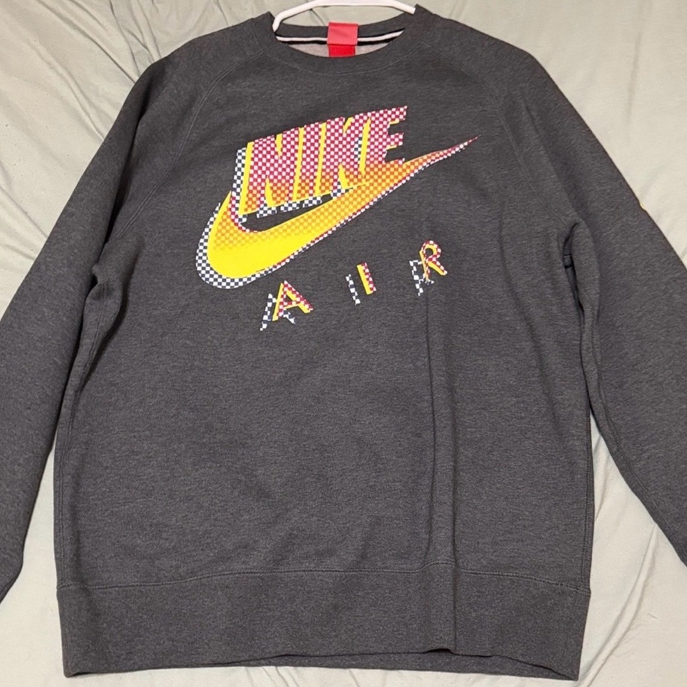 Nike Men's Charcoal Sweater with Yellow and Pink Logo